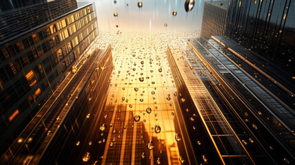 Golden city skyline with raindrops falling, modern high rise buildings, dramatic sunset light