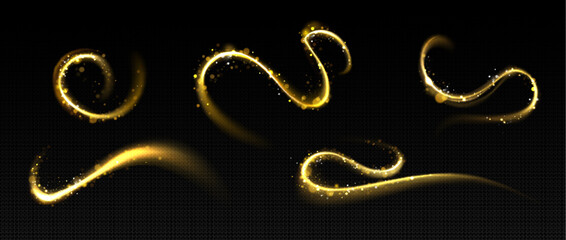 Naklejka na ściany i meble Twirl gold light streams with magical glow effects on dark transparent background. Elegant swirling energy patterns and golden sparkles. Abstract design with luminous curves and flowing particles.