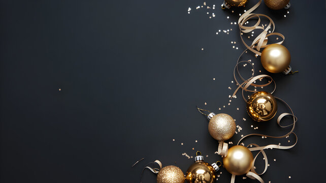 Elegant gold Christmas ornaments and confetti on a dark background, festive decor.