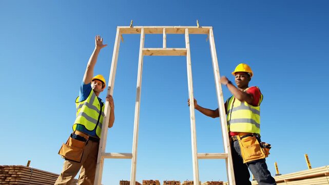 Two construction workers in safety gear collaborate to lift a wooden frame, showcasing teamwork and skill in a bright outdoor lumber yard environment