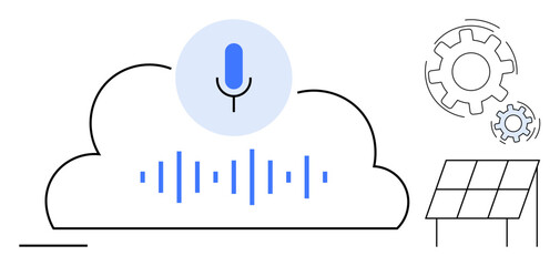 Cloud with microphone and soundwave, solar panel, and gears. Ideal for technology, AI, renewable energy, automation, innovation communication efficiency. Simple flat metaphor