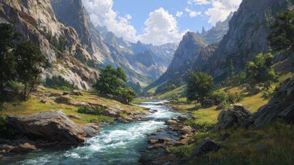 Scenic mountain river flowing through lush green valleys with rocky banks under a clear sky, reflecting surrounding peaks and dense forest in tranquil wilderness landscape