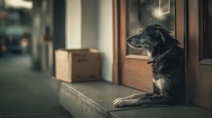 Thoughtful senior grey and black dog resting on stone step gazing out window, warm waiting atmosphere for pet emotion themed design