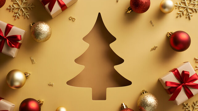 Elegant Christmas tree cutout with gifts and ornaments on gold background.