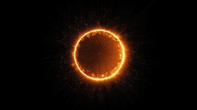 A striking circular pattern glows in vibrant orange and yellow tones against a black background. The design appears energetic giving the impression of warmth and brightness in a dark setting.