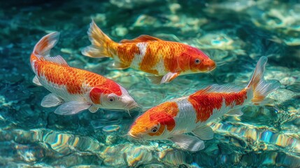 Naklejka premium Three vibrant koi fish swim in clear blue water their scales shimmering under sunlight. The scene captures the tranquil beauty of aquatic life in a serene setting.