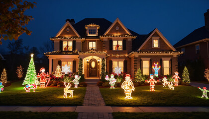 Illuminated House with Christmas Lawn Decorations