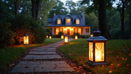 Illuminated Pathway to House at Dusk