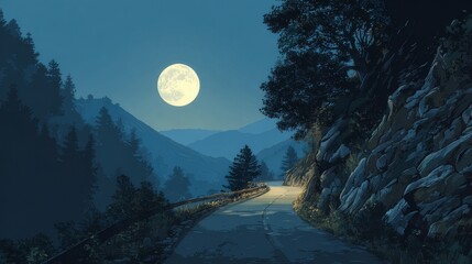 Winding mountain road cutting through dense forest under a glowing full moon, serene night landscape with dark blue sky and tranquil wilderness scenery