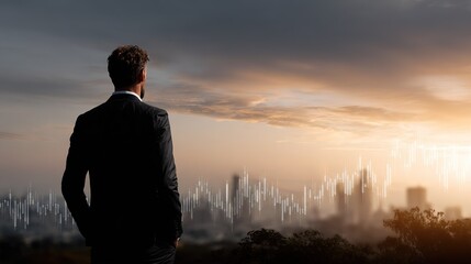 Fototapeta premium Rear view of businessman standing overlooking hazy city skyline with glowing white stock market candlestick chart overlay at sunset