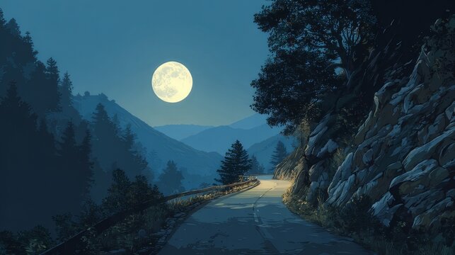 Winding mountain road cutting through dense forest under a glowing full moon, serene night landscape with dark blue sky and tranquil wilderness scenery