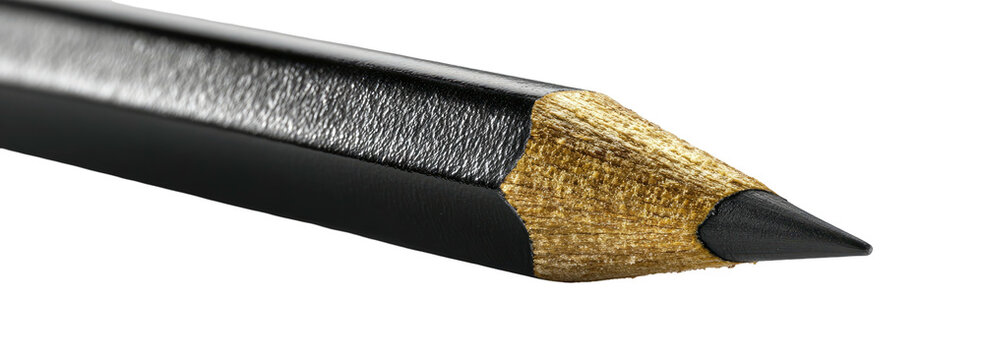 Sharp black pencil tip with wood grain detail against black