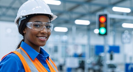 Manufacturing Professional: Smiling African American female engineer wearing a hard hat and glasses. Portrait of a construction worker with a factory in the background. Safety precautions.