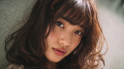 A young woman gazes softly into the camera her curly hair framing her face. The warm light highlights her features as she poses against a textured background creating a serene atmosphere.