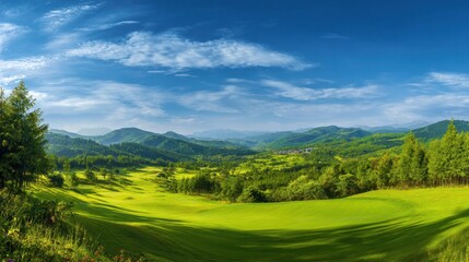 Fototapeta premium Beautiful rolling hills covered in lush green grass stretch out under a bright blue sky with scattered clouds. The scene captures a peaceful natural environment perfect for relaxation.