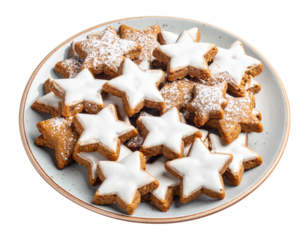 Plate of star shaped christmas cookies dusted with powdered sugar isolated on transparent background