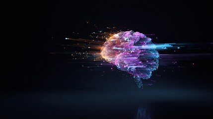 Digital representation of  human brain composed of glowing light particles and streaks against  dark background