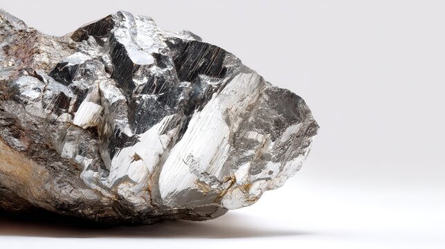Large rough metallic mineral specimen exhibiting strong silver luster and distinct cleavage planes against  plain light background