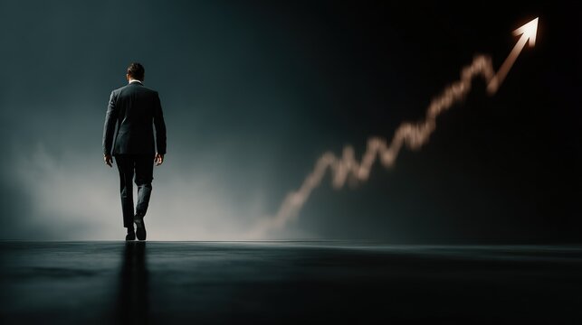 businessman in  dark suit walks away from  viewer toward  brightly illuminated rising arrow graph displaying upward success
