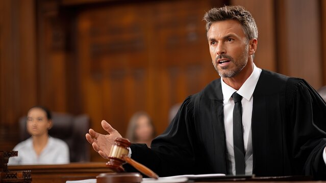 Judge in black robes speaks with expressive hand gestures while holding  wooden gavel in  courtroom setting