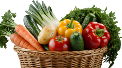 Fresh vegetables in a wicker basket offering healthy eating and balanced diet on transparent background