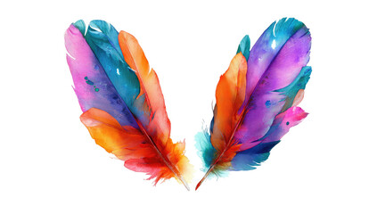 Colorful, abstract feathers create a v-shape on a transparent background