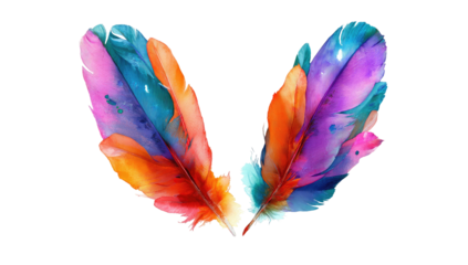 Colorful, abstract feathers create a v-shape on a transparent background
