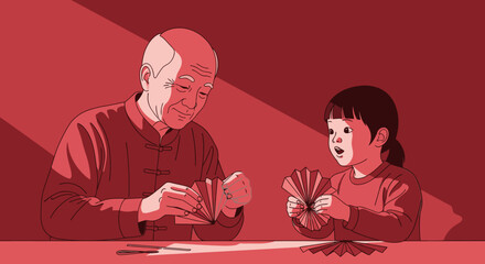 A wise grandfather teaches his attentive granddaughter the art of paper folding, fostering creativity and connection during a heartwarming intergenerational activity.