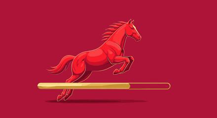 A vibrant red horse leaps dynamically over a golden progress bar, symbolizing rapid advancement, speed, and efficient digital performance.