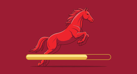 A powerful red horse, symbolizing progress and dynamic momentum, leaps over a golden loading bar on a red background, representing achievement.