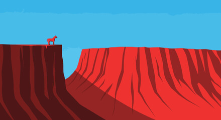 A small animal stands precariously on a vast red cliff overlooking a deep canyon under a clear blue sky, illustrating nature's grandeur.