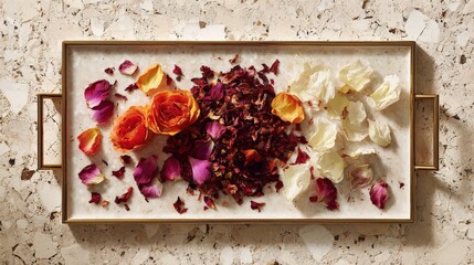 Vintage Tray with Dried Flower Petals Flat Lay
