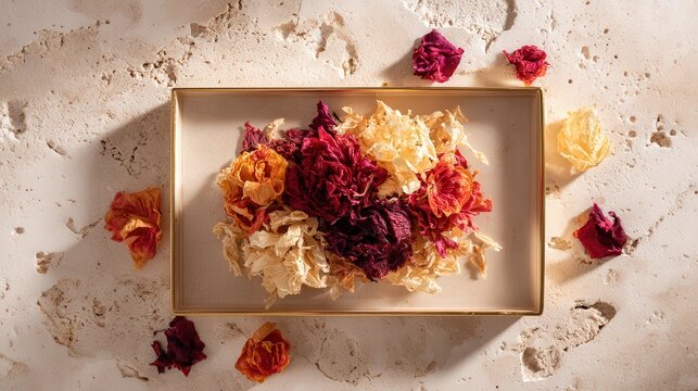 Vintage Tray with Dried Flower Petals Flat Lay - Powered by Adobe