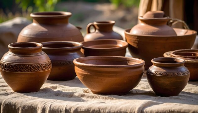Rustic Brown Clay Pottery Collection in Warm Sunlight