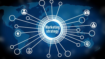 Central Marketing Strategy Hub Connected to Global Network with Icons Representing Business Concepts