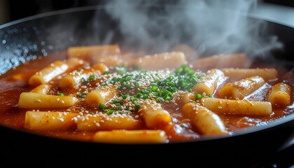 korean tteokbokki garnished with sesame seeds chives. perfect for food blog posts or menu designs.