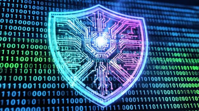 Glowing cyan shield with circuit patterns amid  streaming binary code,  signaling cybersecurity now