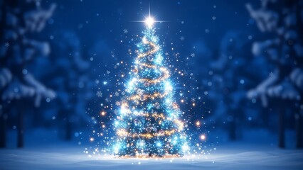 A christmas tree with a star on top surrounded by snowflakes in a snowy blue winter scene