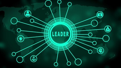 Teal Leader Network Connection with Icons Representing Business and People on World Map leadership global network