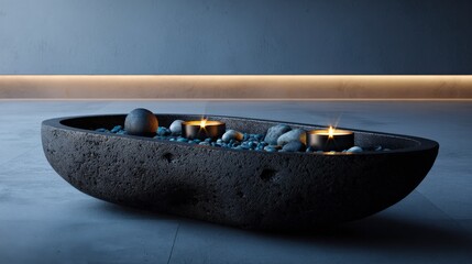 Zen Stone Bowl with Pebbles and Tealight Candles