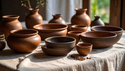 Fototapeta premium Rustic Earthenware Pottery Collection in Sunlit Room