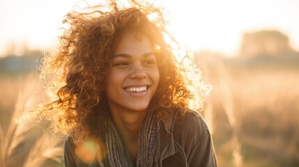 A young woman with curly hair smiles brightly in a golden field as the sun sets. The warm light creates a joyful and serene atmosphere in the background.