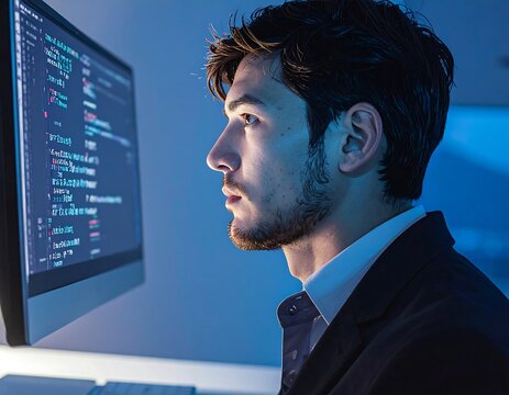 Man analyzing complex code on computer monitor in dim lighting