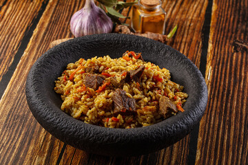 Asian traditional pilaf with beef