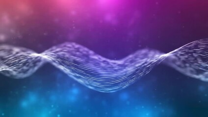 Abstract digital wave of white dots flowing through gradient purple and blue glowing particles and bokeh lights - Powered by Adobe