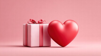 A red heart and a gift box on a pink background, perfect for Valentine's Day.