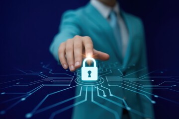 Man in a suit touching a glowing padlock on a digital circuit, symbolizing robust cybersecurity, data protection, and privacy