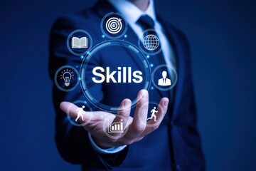 Professional in a suit presenting a digital interface with skills at the core, surrounded by icons for learning, development, and achievement