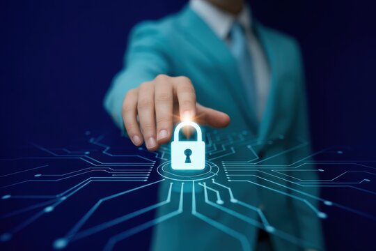 Man in a suit touching a glowing padlock on a digital circuit, symbolizing robust cybersecurity, data protection, and privacy