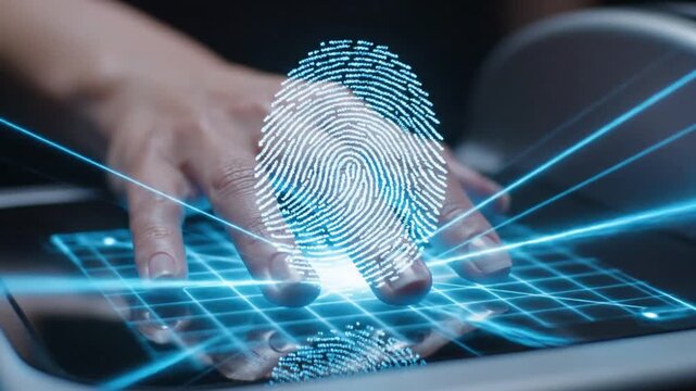 Fingerprint Scan with Blue Light Rays on Hand and Digital Grid Interface identification security